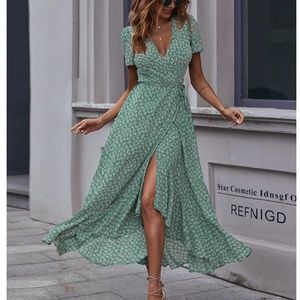 Green Floral Print Wrap Maxi Dress Long Ruffle Hem Short Sleeves Tie Belt